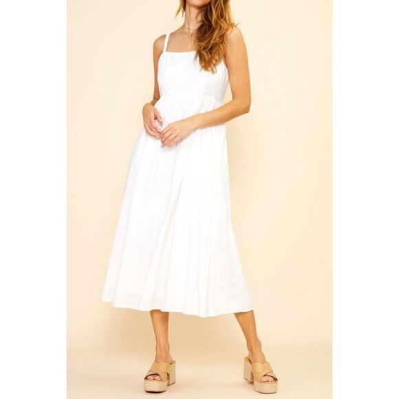NWT Skies Are Blue Criss Cross Back Tie Fitted Bodice Timeless Midi White Dress - Picture 1 of 11